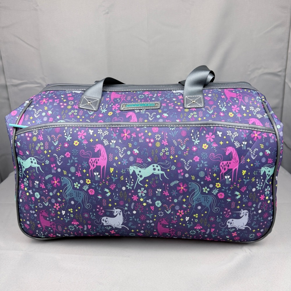Lily Bloom Unicorn Floral Purple Rolling Wheeled Duffel Bag Carry On Luggage